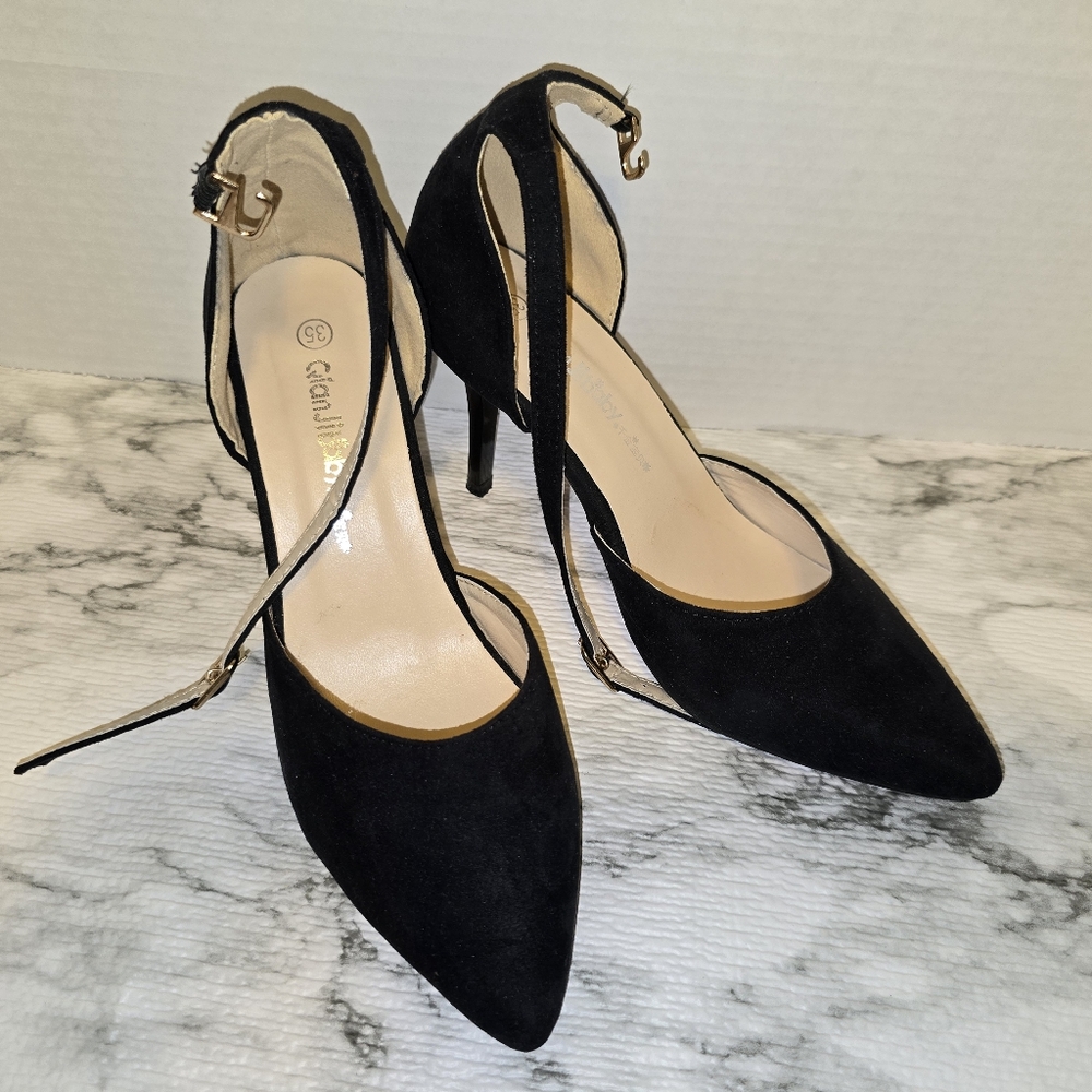 Women's black ankle strap heels
